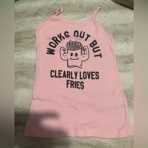 Never worn! “works out but clearly loves fries” spaghetti strap